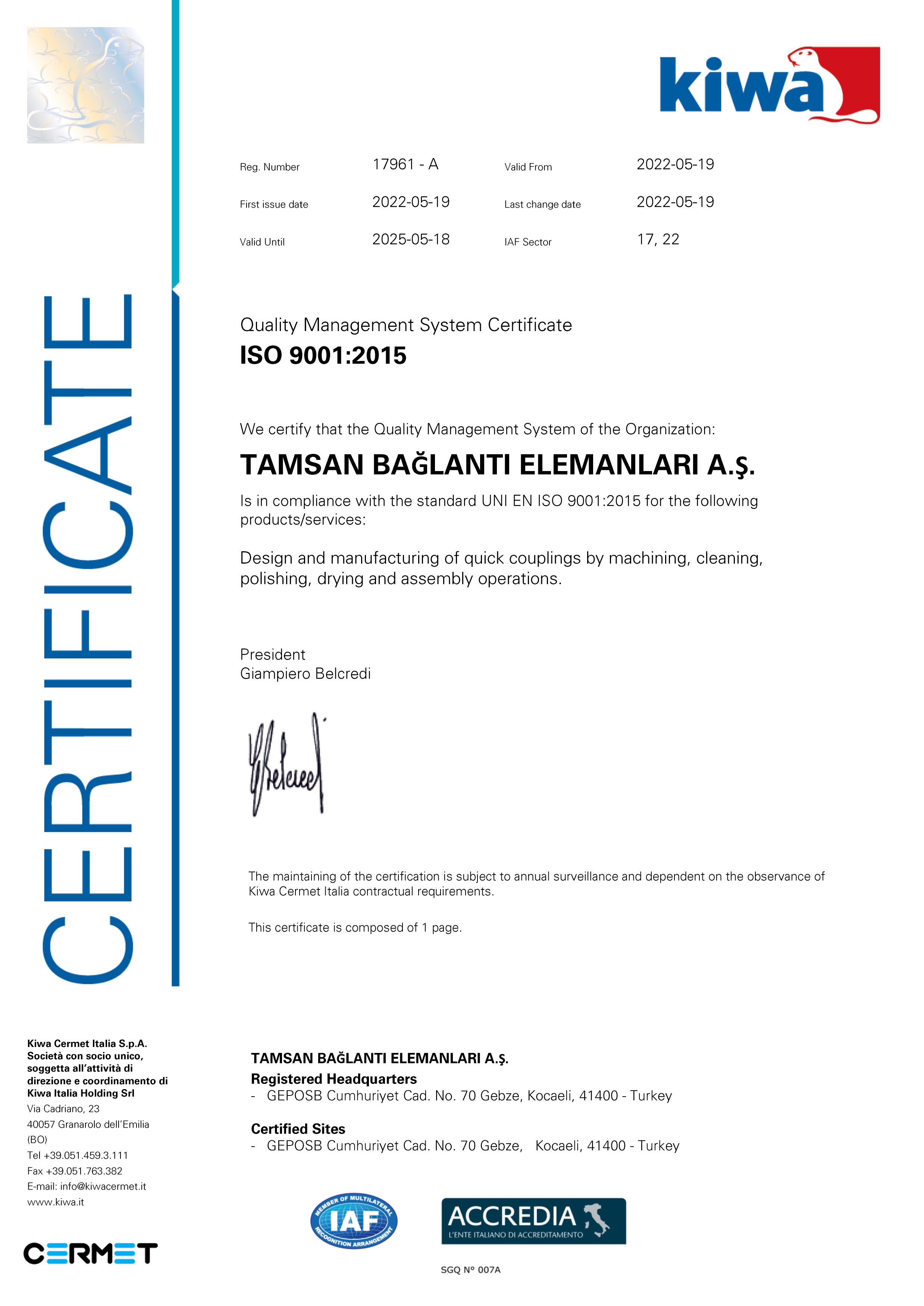 ISO 9001:2015 <br>Certificat de Gestion De Système de la Qualité