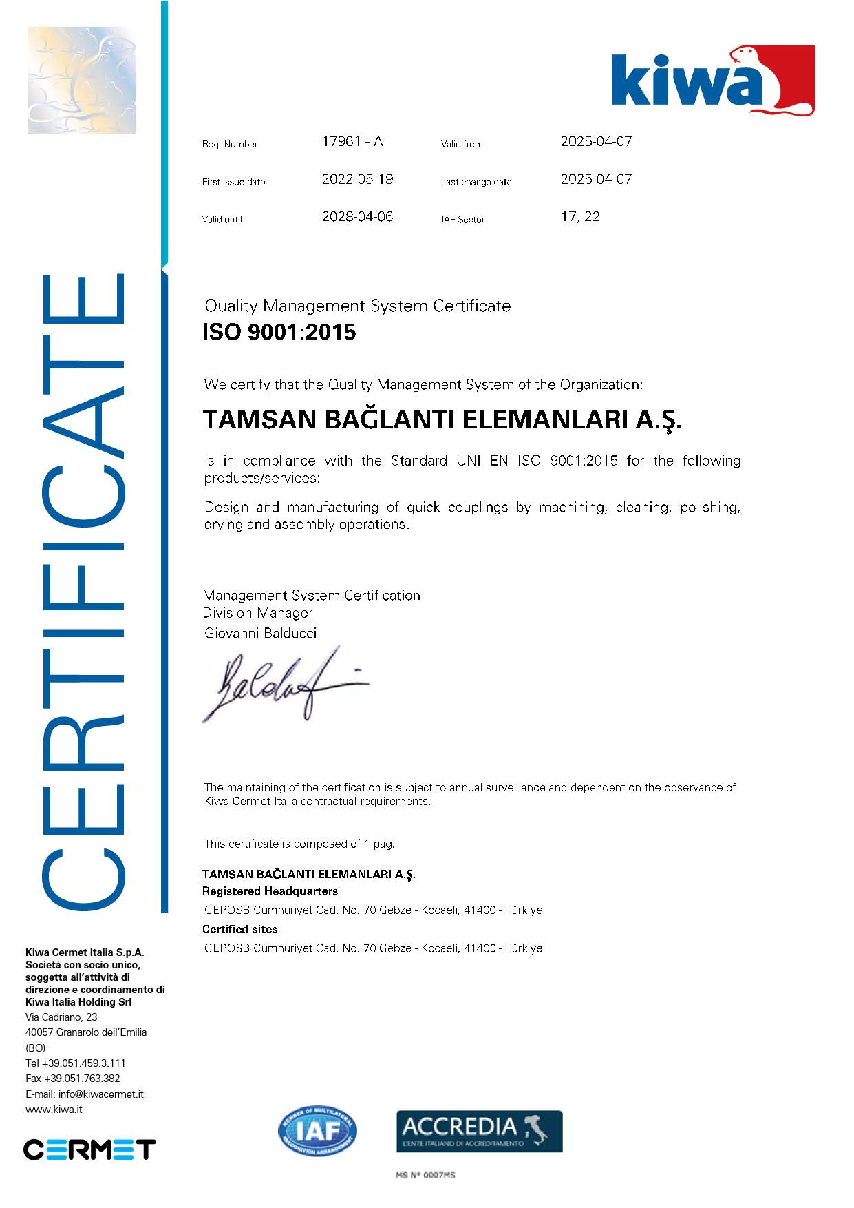 ISO 9001:2015 <br> Certificato Del Sistema Di Gestione
